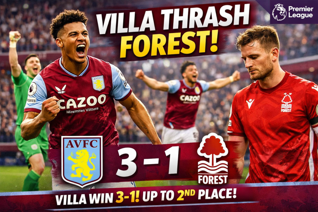 Aston Villa Soars to Second Place with Dominant 3-1 Victory Over Nottingham Forest