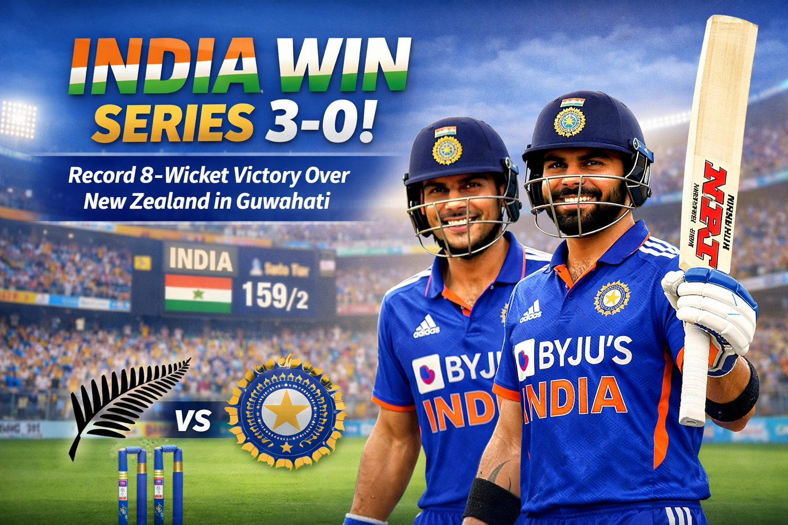 India Seal 3-0 Series Lead with Record-Shattering 8-Wicket Victory Over New Zealand in Guwahati