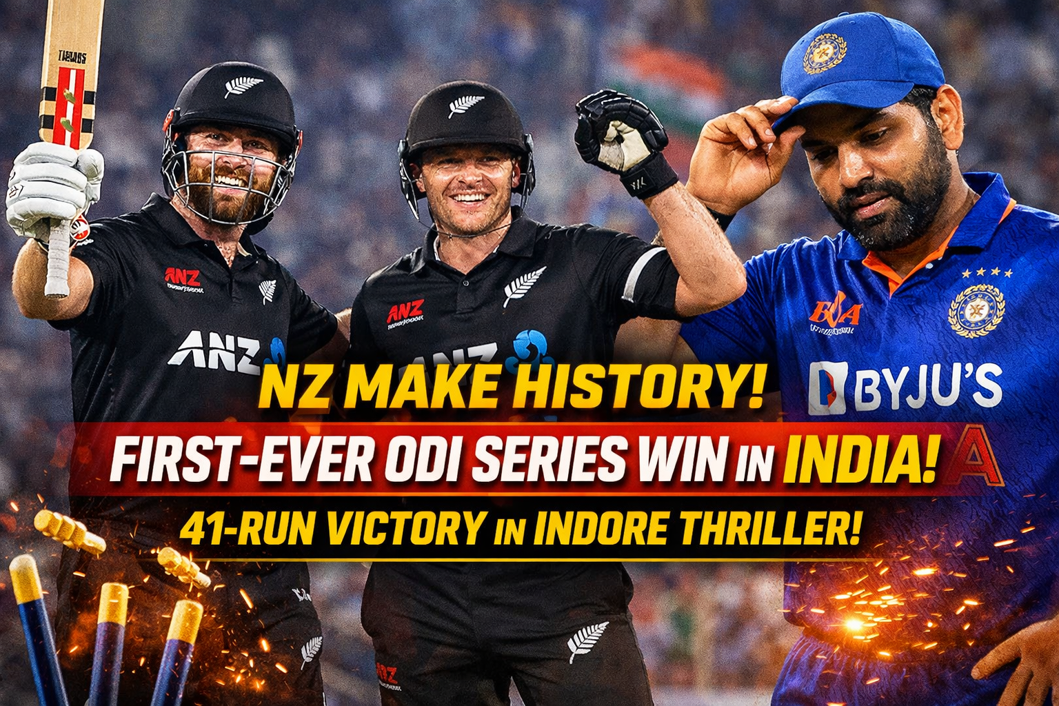 New Zealand Scripts History: Clinch First-Ever ODI Series Win in India with 41-Run Victory in Indore Thriller