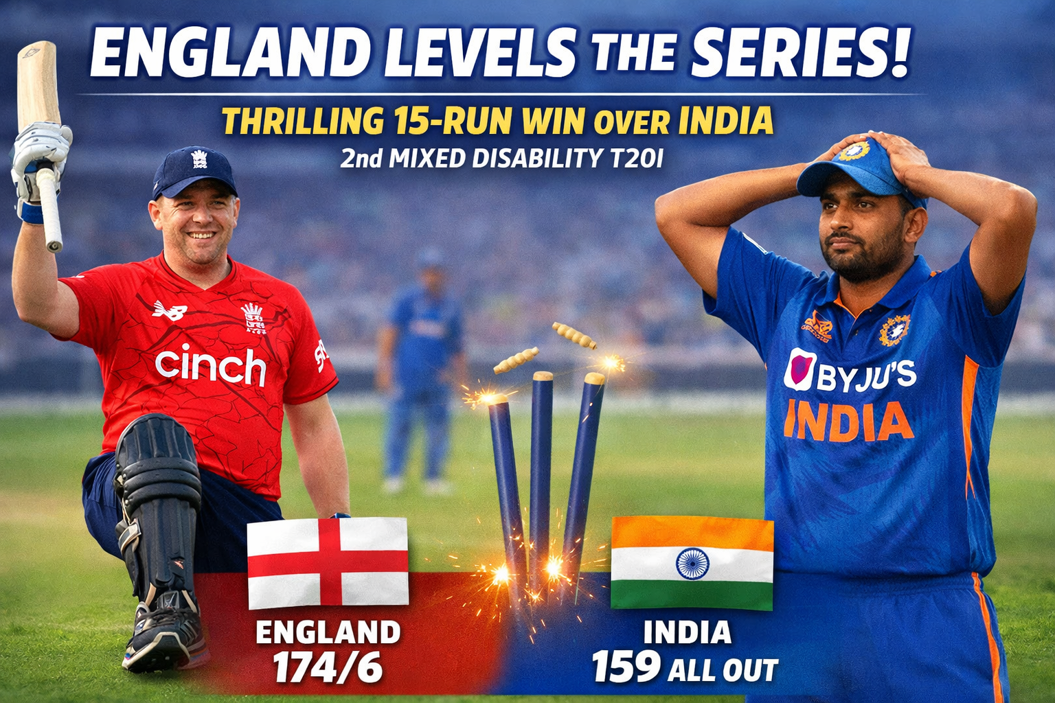 England Levels the Series: Thrilling 15-Run Win Over India in 2nd Mixed Disability T20I