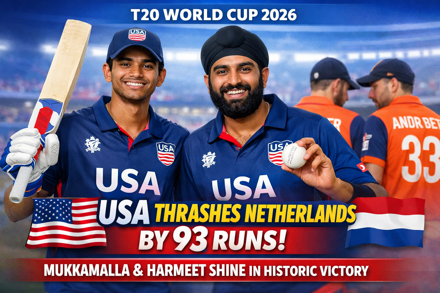 USA Thrashes Netherlands by 93 Runs in T20 World Cup 2026: Mukkamalla and Harmeet Shine in Historic Victory