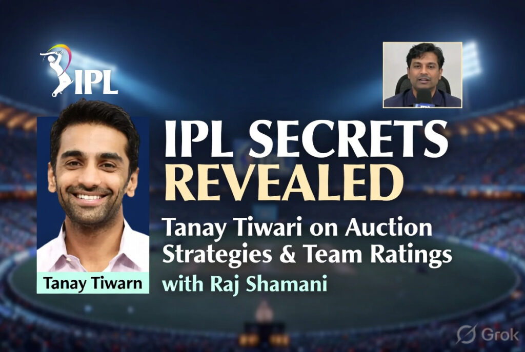 IPL Secrets Revealed Tanay Tiwari Reveals Auction Strategies and Team Ratings in Raj Shamani Podcast Create a simple thumbnail image (Not aggressive) 1200750 pixels.
