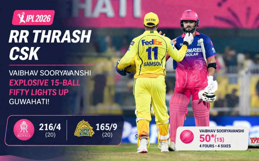 RR Thrash CSK in IPL 2026 Season Opener: 15-Year-Old Vaibhav Sooryavanshi’s Explosive 15-Ball Fifty Lights Up Guwahati!
