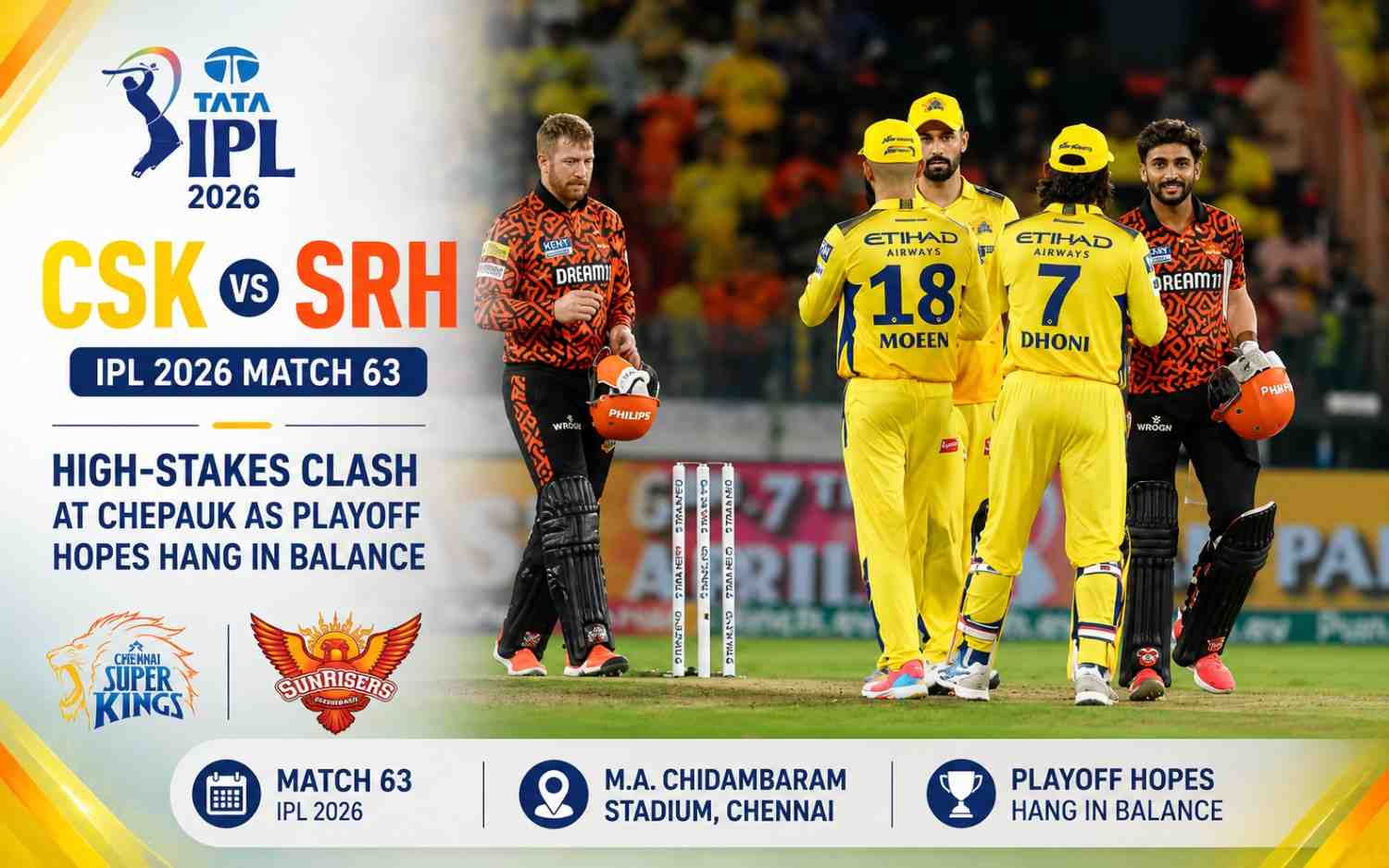 CSK vs SRH IPL 2026 Match 63: High-Stakes Clash at Chepauk as Playoff Hopes Hang in Balance