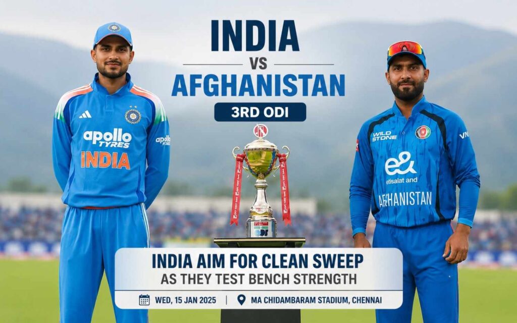 IND vs AFG 3rd ODI: India Aim for Clean Sweep in Chennai as They Test Bench Strength Use this Image and create a simple thumbnail image 1200/750 pixels (Not aggressive).